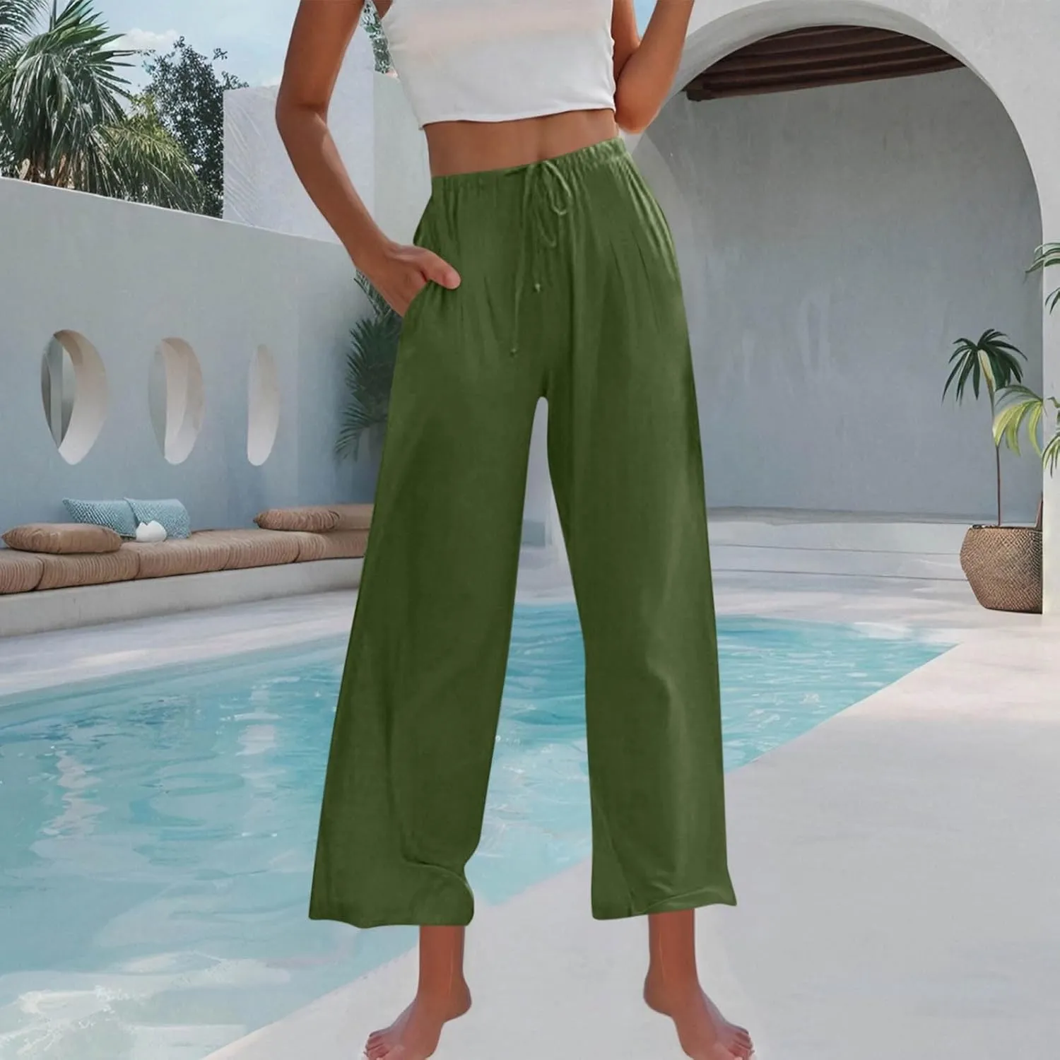 Women Cotton Linen Beach Pants Dressy Casual Wide Leg Pants Boho Palazzo Flowy Trousers Trendy Vacation Outfits Clothes