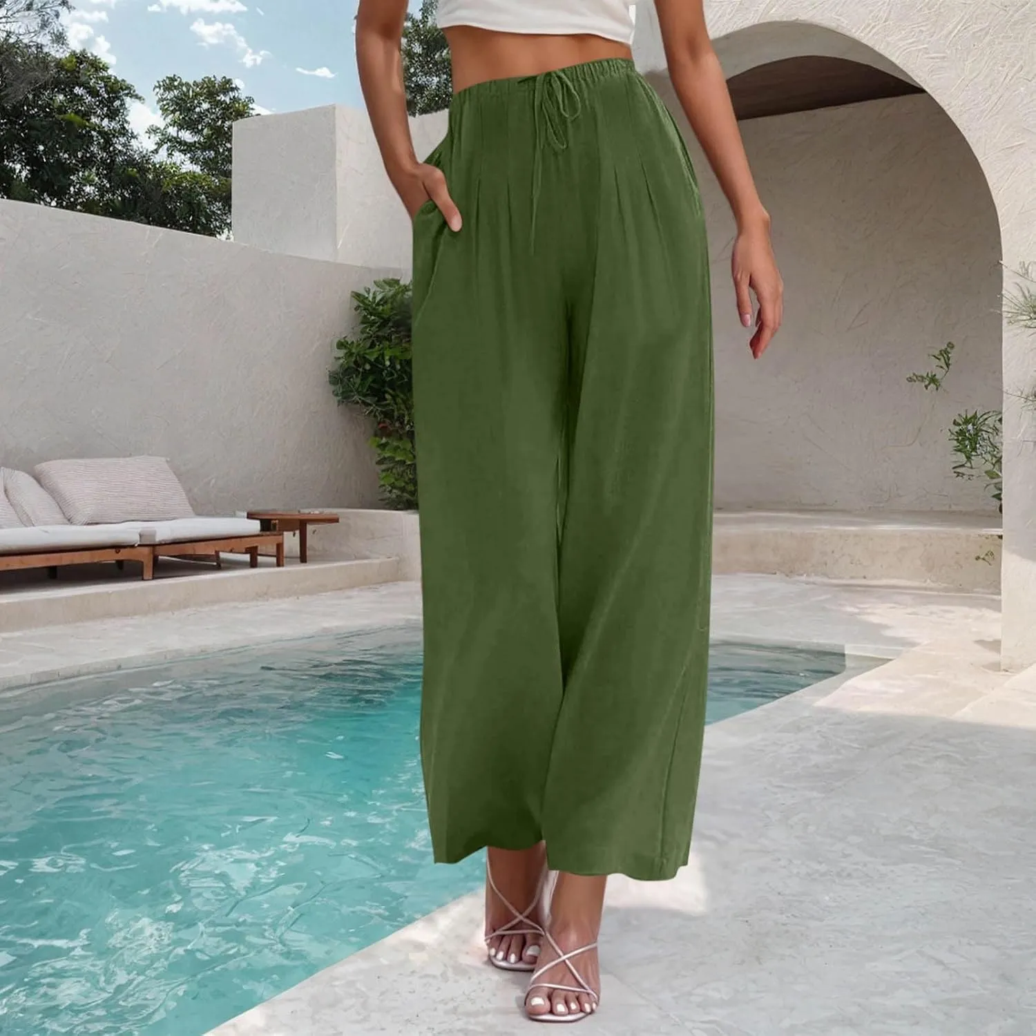 Women Cotton Linen Beach Pants Dressy Casual Wide Leg Pants Boho Palazzo Flowy Trousers Trendy Vacation Outfits Clothes
