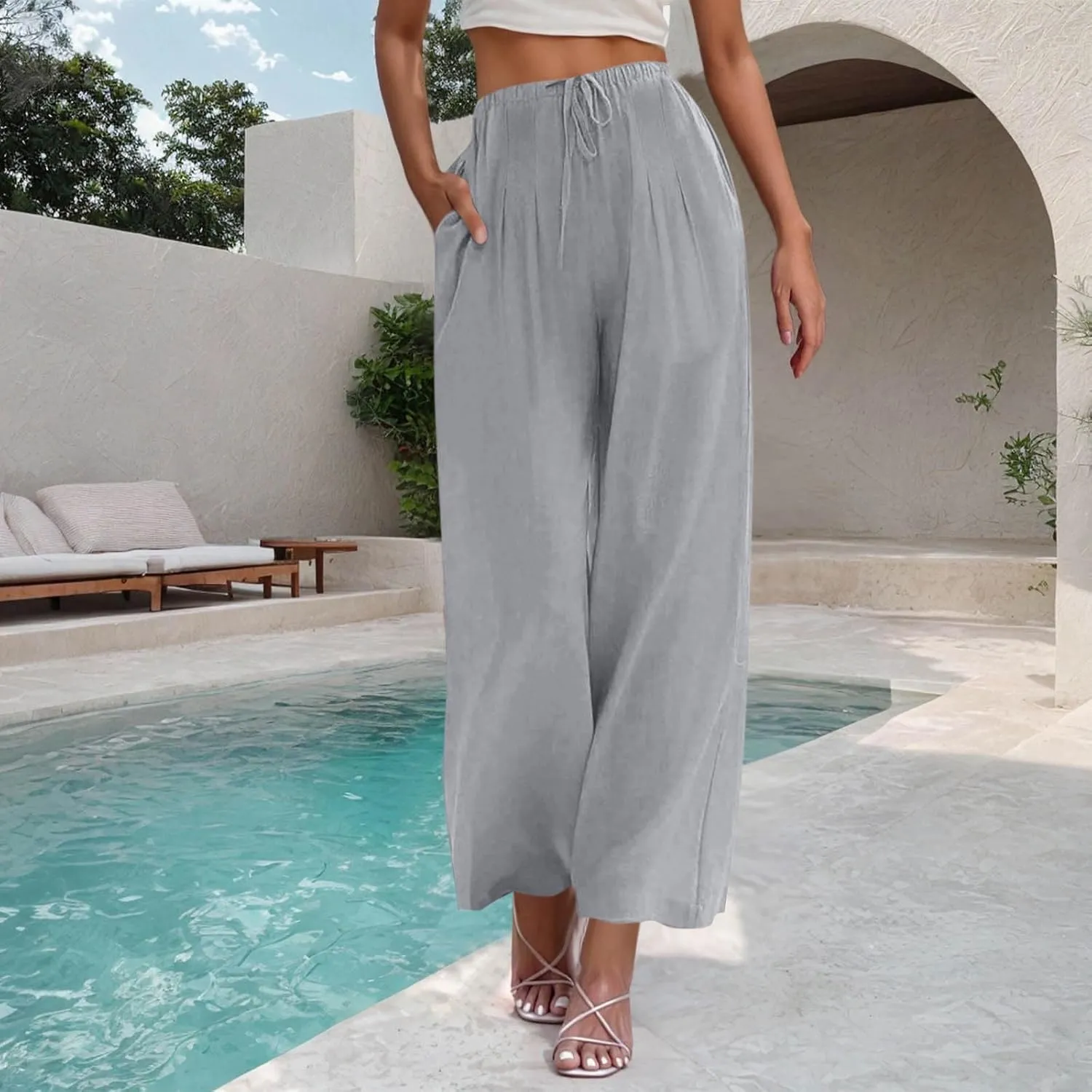 Women Cotton Linen Beach Pants Dressy Casual Wide Leg Pants Boho Palazzo Flowy Trousers Trendy Vacation Outfits Clothes