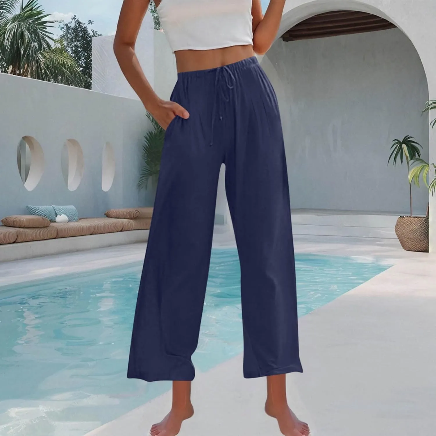 Women Cotton Linen Beach Pants Dressy Casual Wide Leg Pants Boho Palazzo Flowy Trousers Trendy Vacation Outfits Clothes
