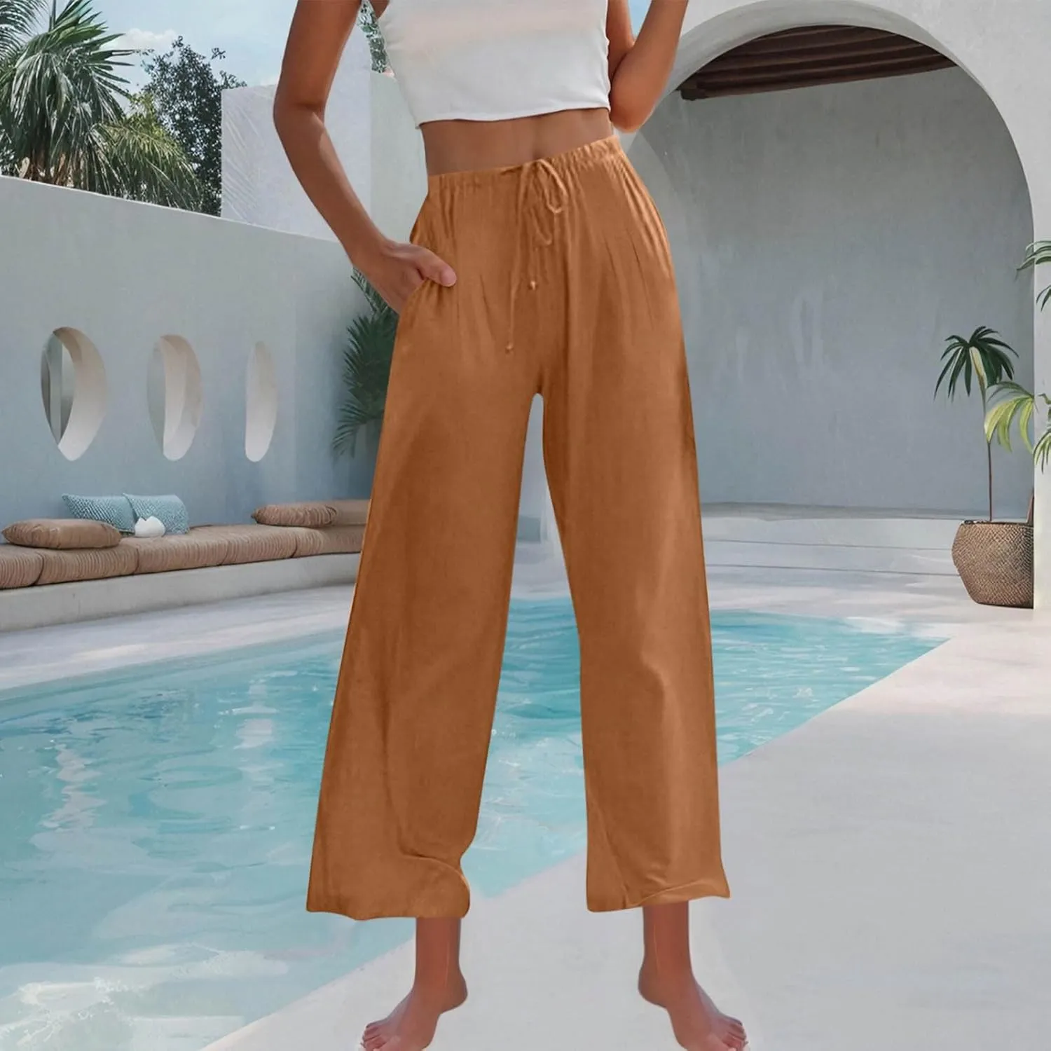 Women Cotton Linen Beach Pants Dressy Casual Wide Leg Pants Boho Palazzo Flowy Trousers Trendy Vacation Outfits Clothes