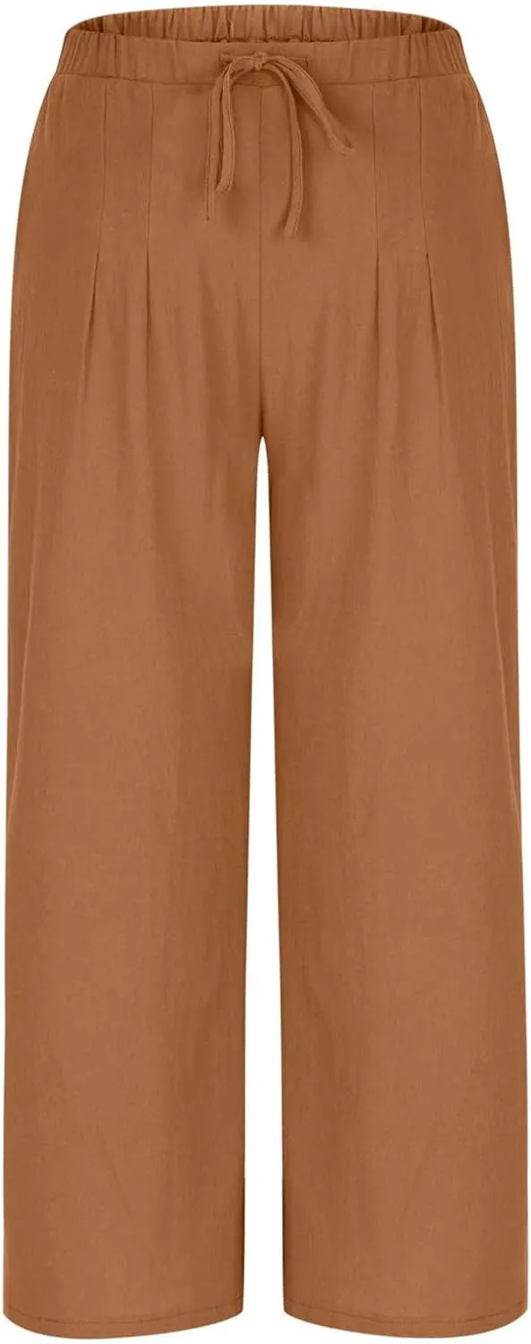 Women Cotton Linen Beach Pants Dressy Casual Wide Leg Pants Boho Palazzo Flowy Trousers Trendy Vacation Outfits Clothes