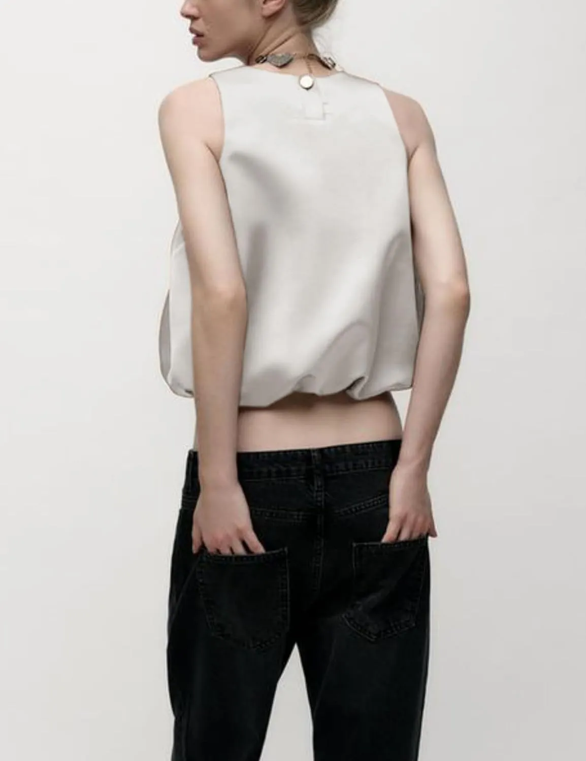 Women Satin Balloon Top Sleeveless Crewneck Bubble Tank Tops Summer Dressy Casual Crop Blouse