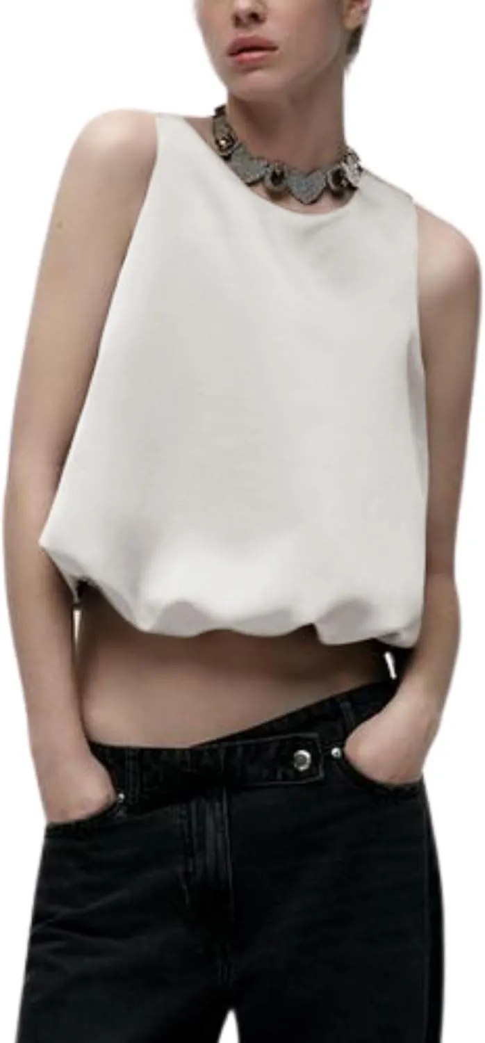 Women Satin Balloon Top Sleeveless Crewneck Bubble Tank Tops Summer Dressy Casual Crop Blouse