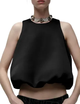 Women Satin Balloon Top Sleeveless Crewneck Bubble Tank Tops Summer Dressy Casual Crop Blouse