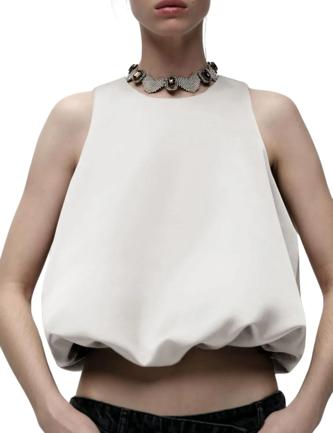 Women Satin Balloon Top Sleeveless Crewneck Bubble Tank Tops Summer Dressy Casual Crop Blouse