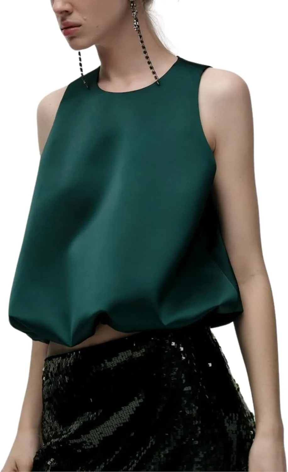 Women Satin Balloon Top Sleeveless Crewneck Bubble Tank Tops Summer Dressy Casual Crop Blouse