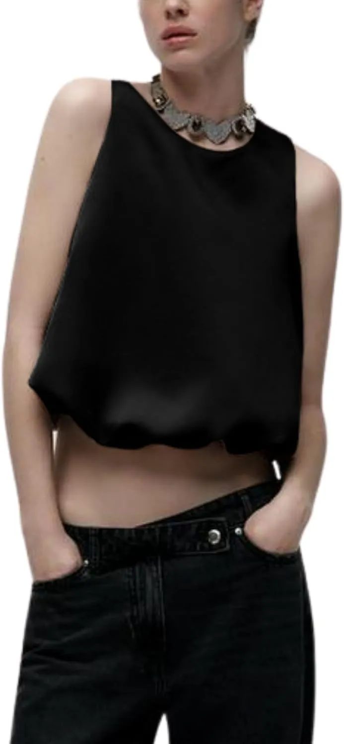 Women Satin Balloon Top Sleeveless Crewneck Bubble Tank Tops Summer Dressy Casual Crop Blouse
