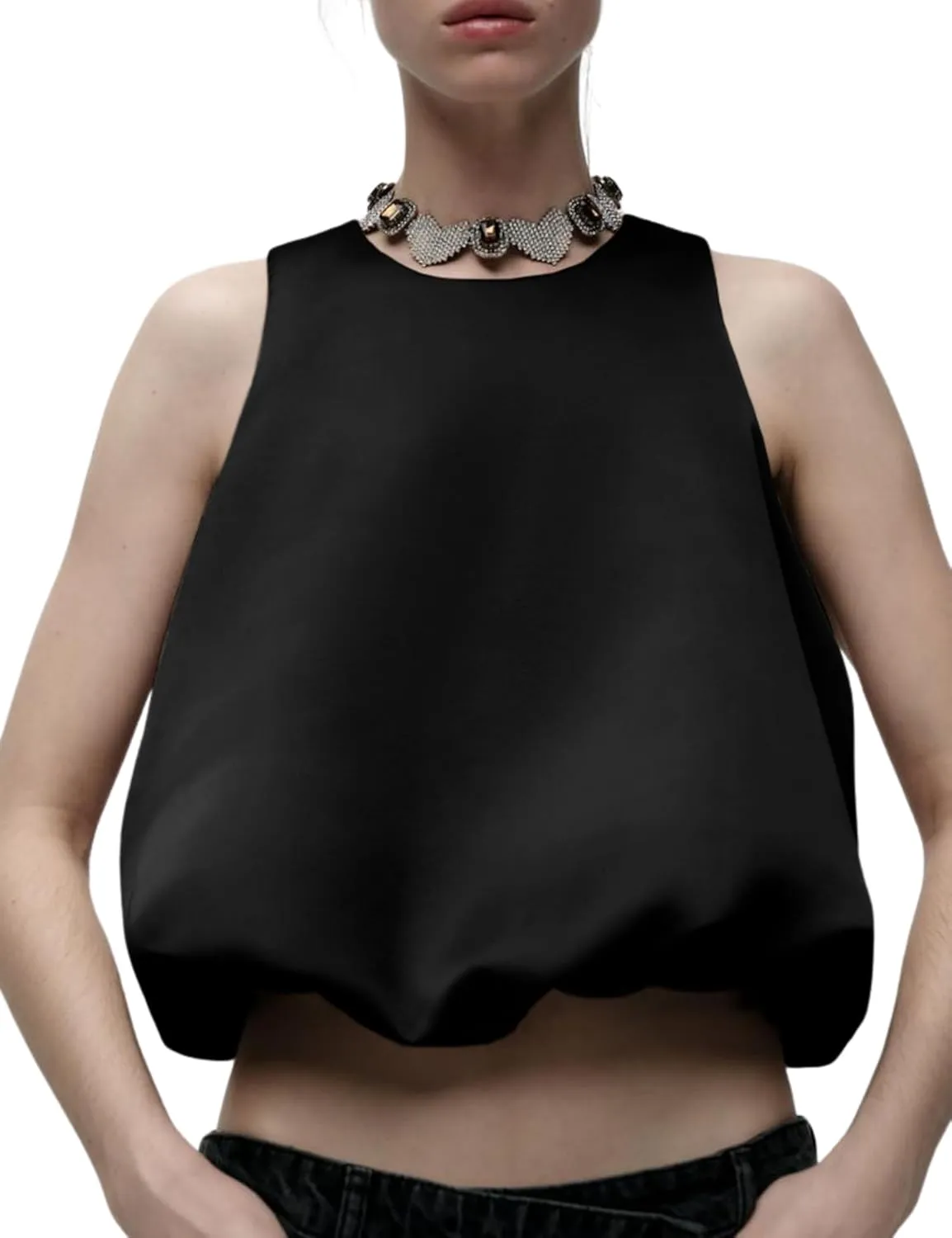 Women Satin Balloon Top Sleeveless Crewneck Bubble Tank Tops Summer Dressy Casual Crop Blouse