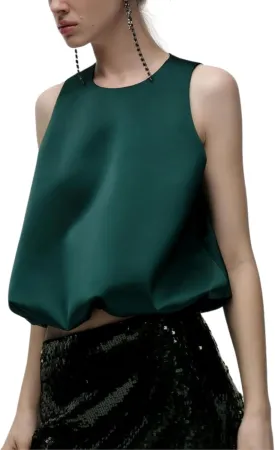 Women Satin Balloon Top Sleeveless Crewneck Bubble Tank Tops Summer Dressy Casual Crop Blouse