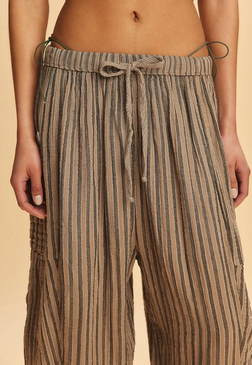 Women Summer Striped Harem Pants Casual Baggy Wide Leg Tapered Trousers Drawstring Waist Palazzo Pants with Pockets