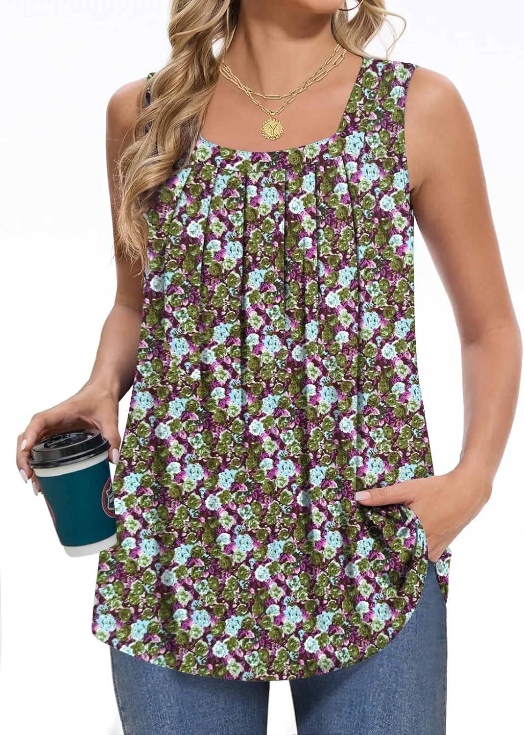 Women Tank Tops Summer Square Neck Sleeveless Tops Loose Fit Flowy Cute Casual Shirts S-3X