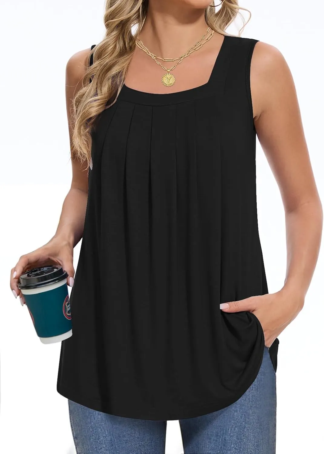 Women Tank Tops Summer Square Neck Sleeveless Tops Loose Fit Flowy Cute Casual Shirts S-3X