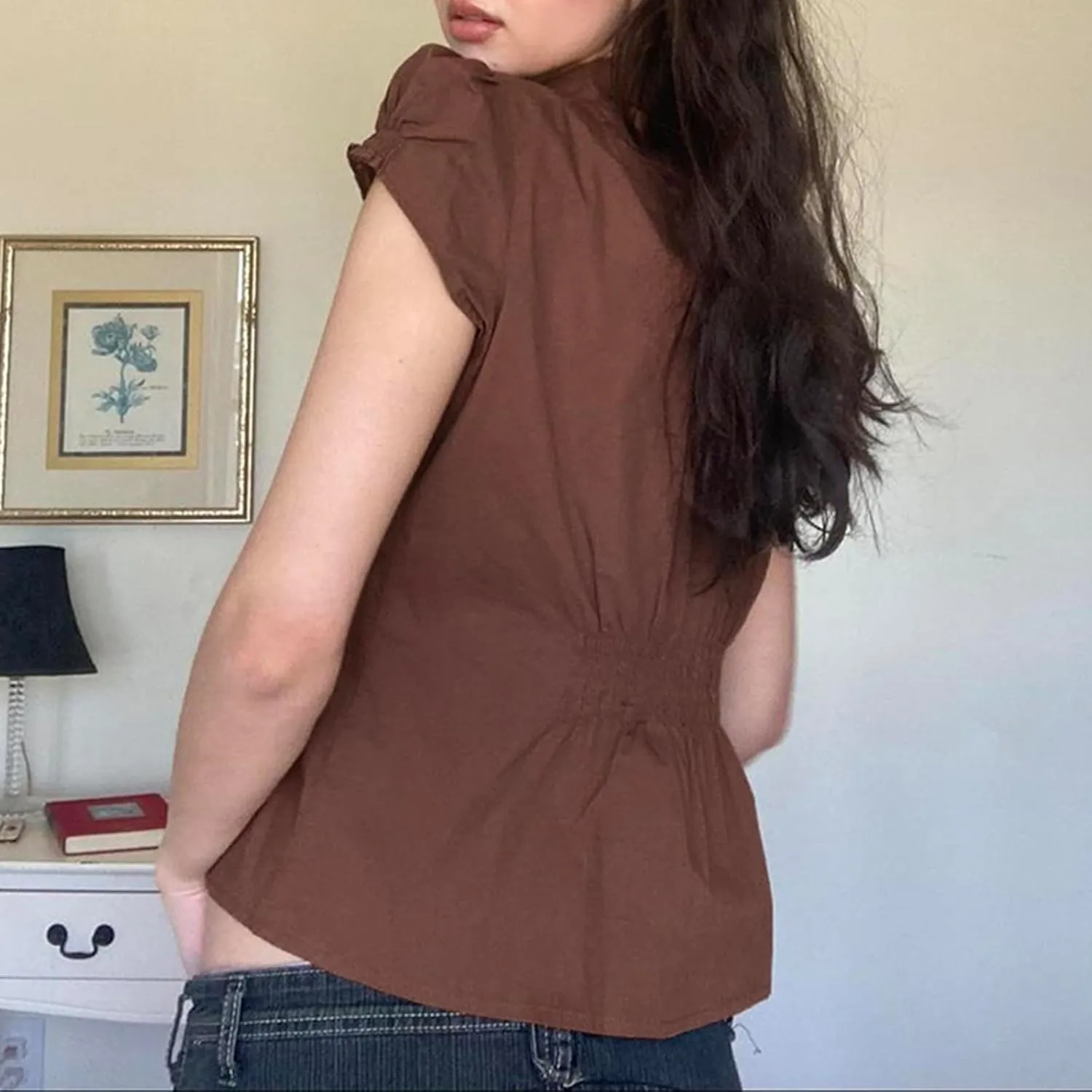 Women Y2k Coquette Button Down Shirt Cute Preppy Cap Sleeve V Neck Slim Fit Crop Top Casual 90S Vintage Blouse