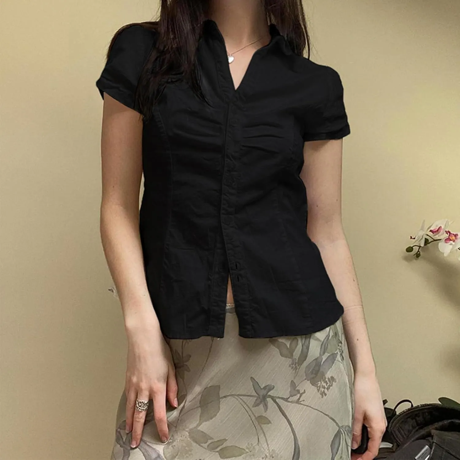 Women Y2k Coquette Button Down Shirt Cute Preppy Cap Sleeve V Neck Slim Fit Crop Top Casual 90S Vintage Blouse