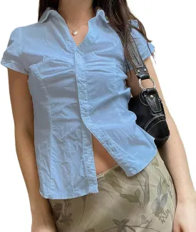 Women Y2k Coquette Button Down Shirt Cute Preppy Cap Sleeve V Neck Slim Fit Crop Top Casual 90S Vintage Blouse