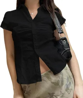 Women Y2k Coquette Button Down Shirt Cute Preppy Cap Sleeve V Neck Slim Fit Crop Top Casual 90S Vintage Blouse