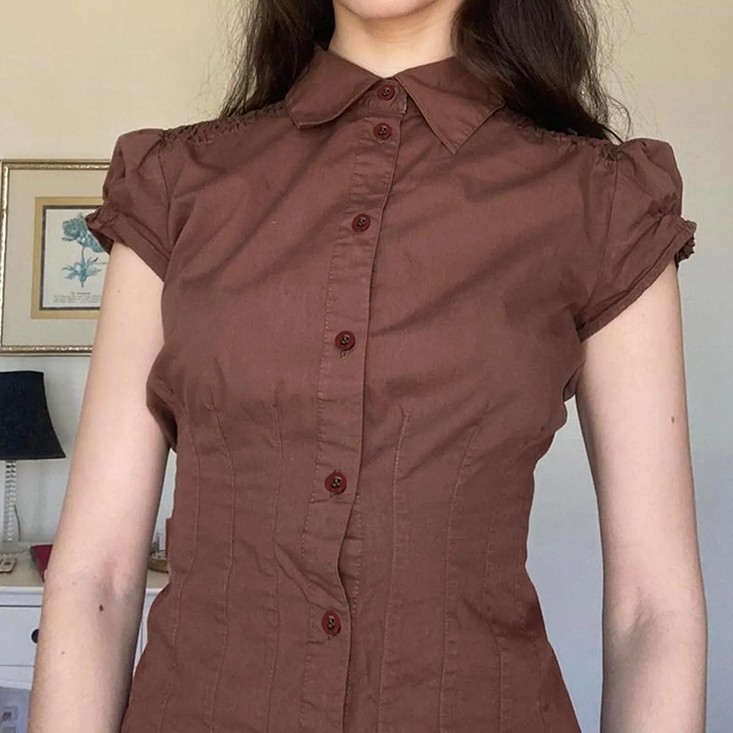 Women Y2k Coquette Button Down Shirt Cute Preppy Cap Sleeve V Neck Slim Fit Crop Top Casual 90S Vintage Blouse