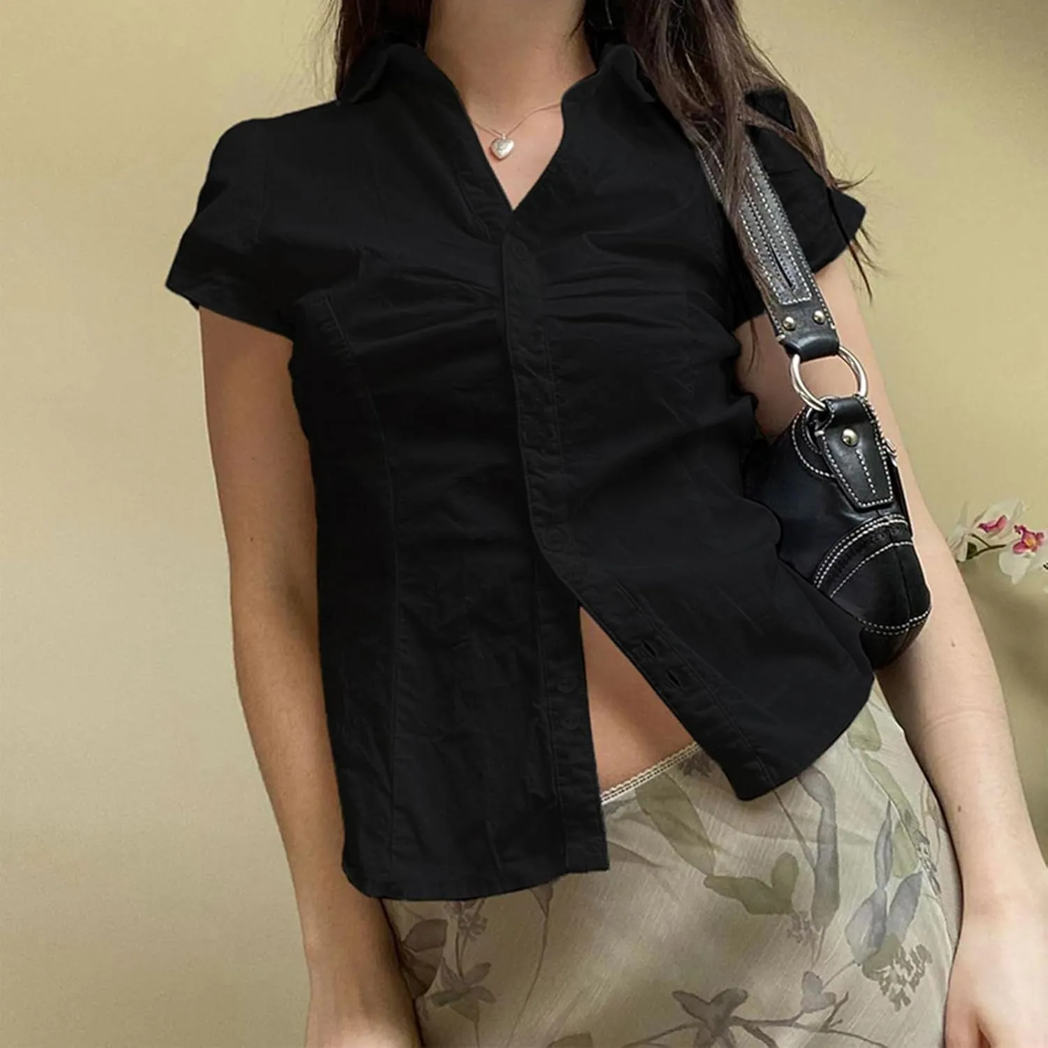 Women Y2k Coquette Button Down Shirt Cute Preppy Cap Sleeve V Neck Slim Fit Crop Top Casual 90S Vintage Blouse