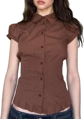 Women Y2k Coquette Button Down Shirt Cute Preppy Cap Sleeve V Neck Slim Fit Crop Top Casual 90S Vintage Blouse