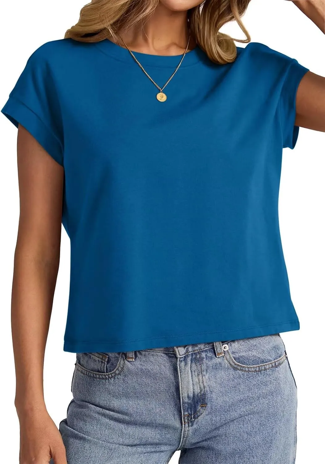 Womens Cap Sleeve Crop Tops Cotton T Shirts Crewneck Loose Fit Short Sleeves Tee Summer Fashion Clothes 2025