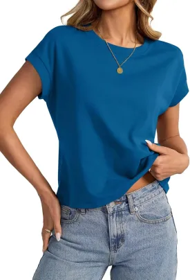 Womens Cap Sleeve Crop Tops Cotton T Shirts Crewneck Loose Fit Short Sleeves Tee Summer Fashion Clothes 2025