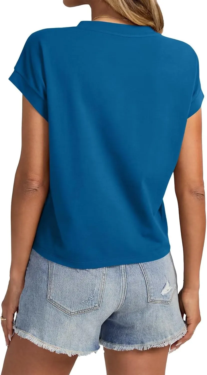 Womens Cap Sleeve Crop Tops Cotton T Shirts Crewneck Loose Fit Short Sleeves Tee Summer Fashion Clothes 2025