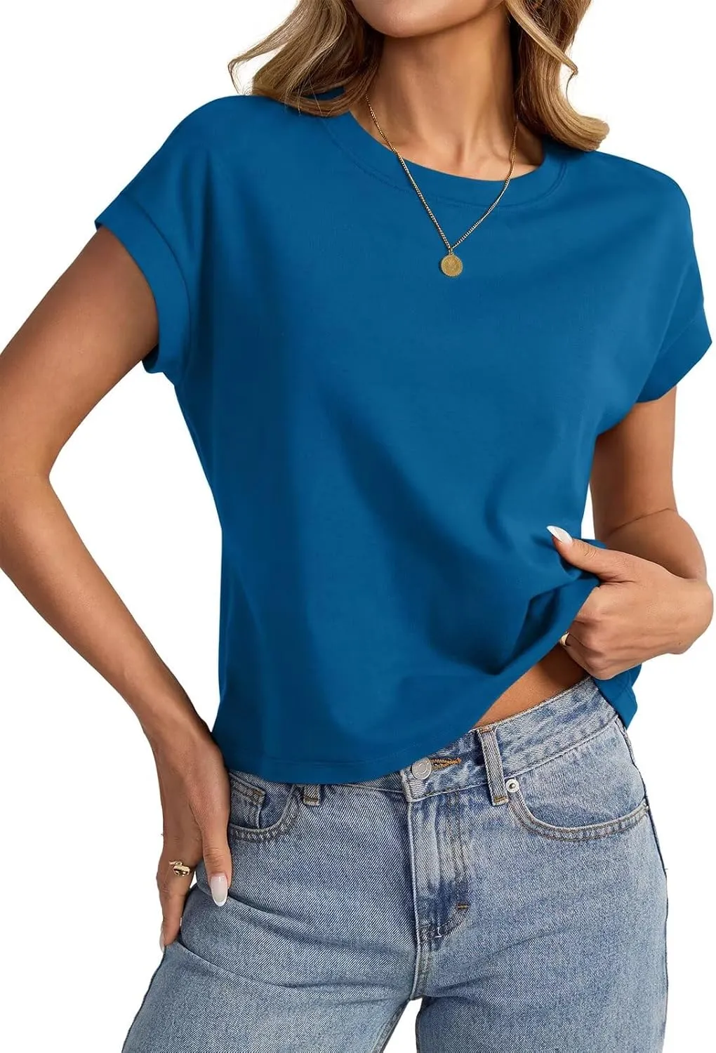Womens Cap Sleeve Crop Tops Cotton T Shirts Crewneck Loose Fit Short Sleeves Tee Summer Fashion Clothes 2025