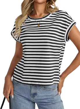 Womens Cap Sleeve Crop Tops Cotton T Shirts Crewneck Loose Fit Short Sleeves Tee Summer Fashion Clothes 2025