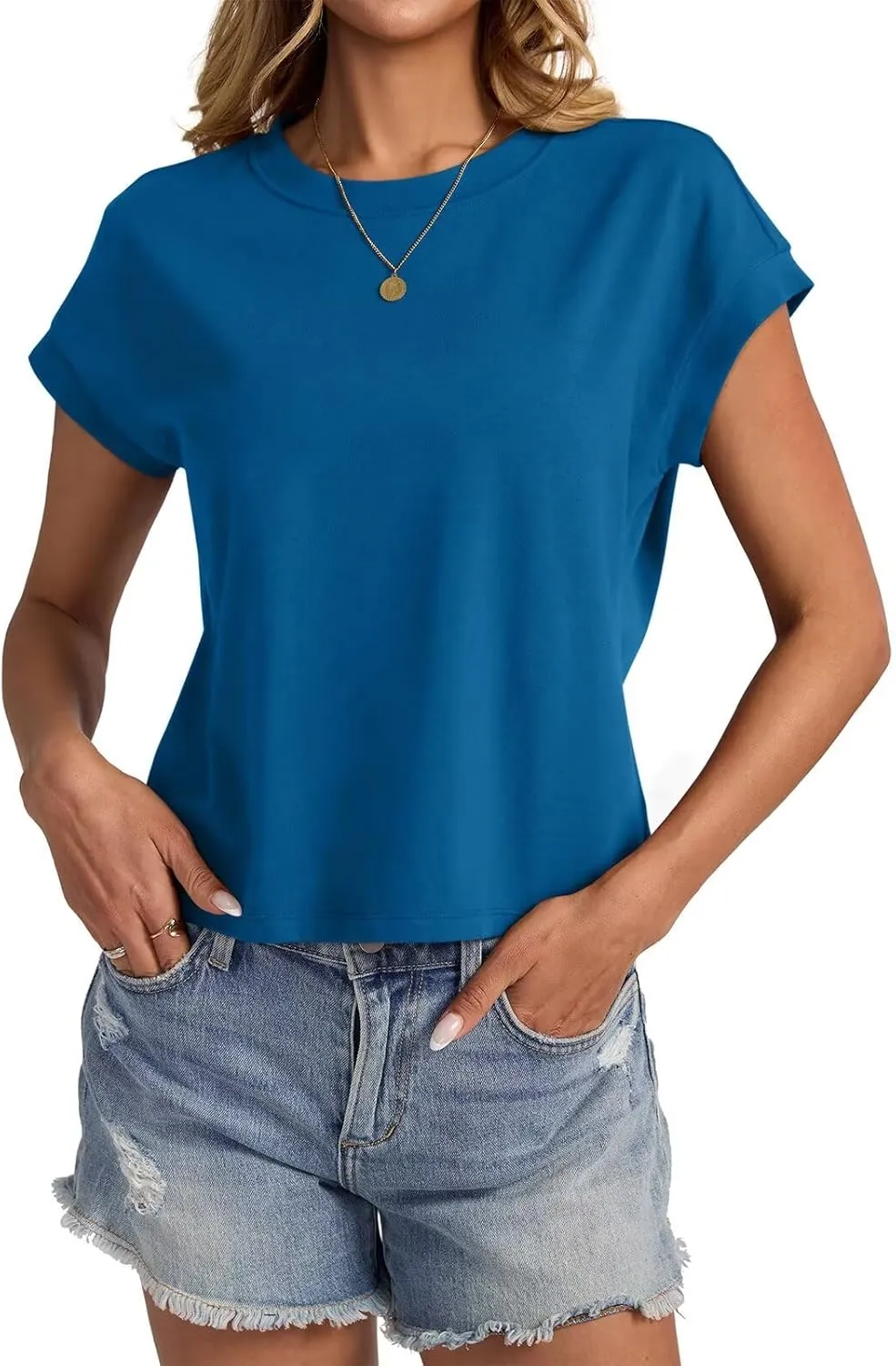 Womens Cap Sleeve Crop Tops Cotton T Shirts Crewneck Loose Fit Short Sleeves Tee Summer Fashion Clothes 2025