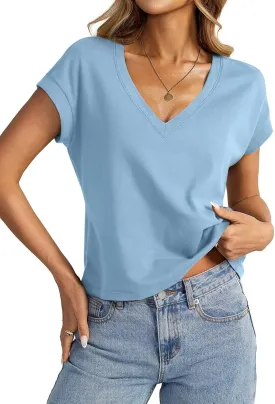 Womens Cap Sleeve Crop Tops Cotton V Neck T Shirt Boxy Loose Fit Short Sleeves Tee Summer Fashion Clothes 2025