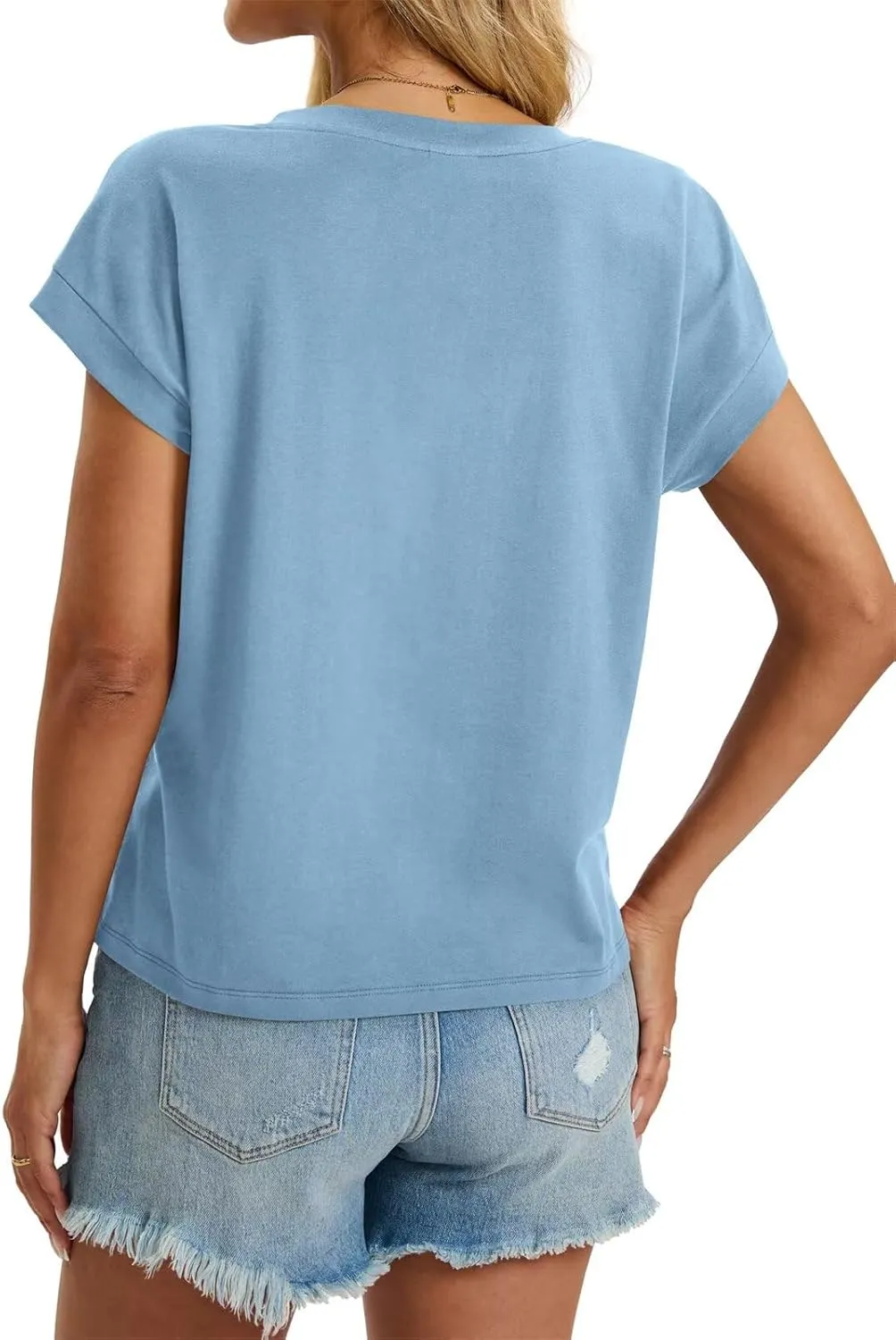 Womens Cap Sleeve Crop Tops Cotton V Neck T Shirt Boxy Loose Fit Short Sleeves Tee Summer Fashion Clothes 2025