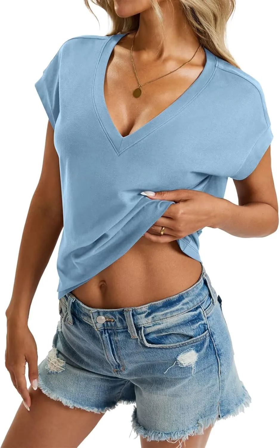 Womens Cap Sleeve Crop Tops Cotton V Neck T Shirt Boxy Loose Fit Short Sleeves Tee Summer Fashion Clothes 2025