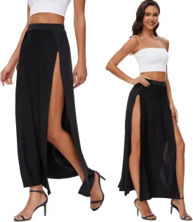 Women's Elastic Waist High Split Wrap Flowy Long Maxi Skirt Plain Side Slit Beach Party Maxi Skirts Renaissance Costume