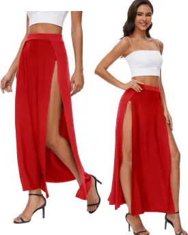 Women's Elastic Waist High Split Wrap Flowy Long Maxi Skirt Plain Side Slit Beach Party Maxi Skirts Renaissance Costume
