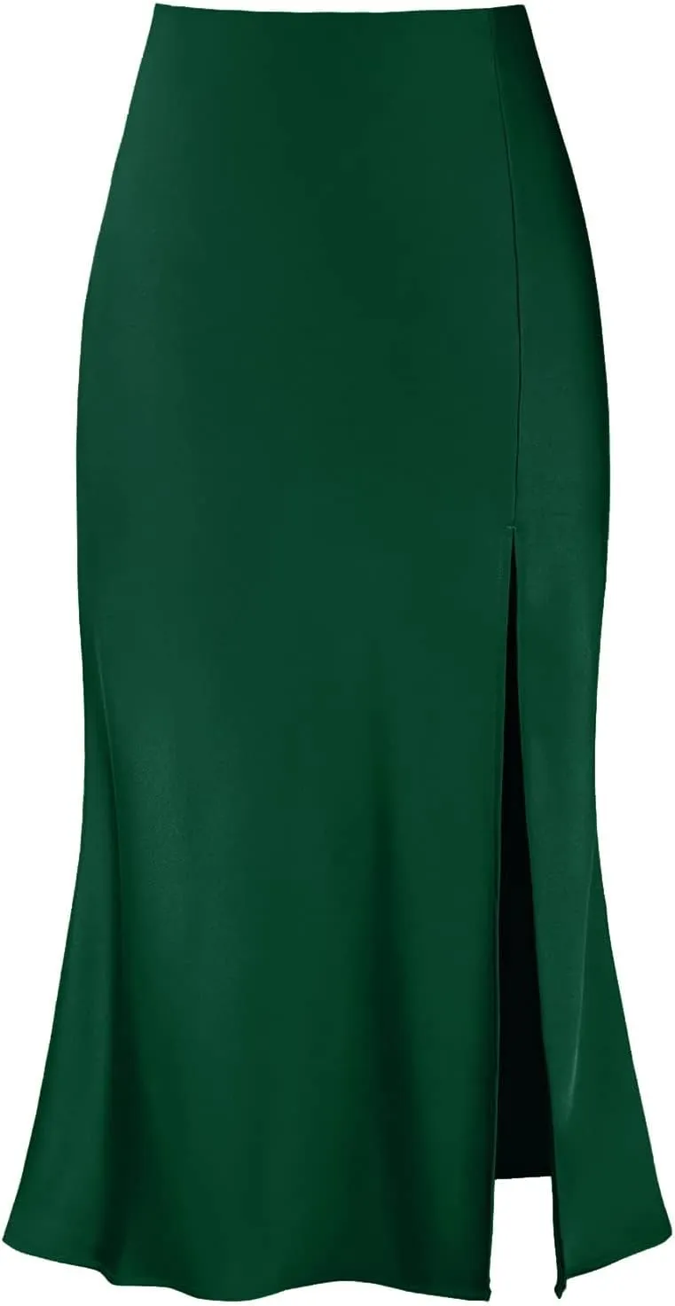 Women's High Waisted Casual Side Slit A Line Satin Midi Skirt