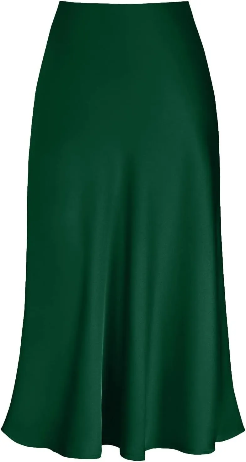 Women's High Waisted Casual Side Slit A Line Satin Midi Skirt