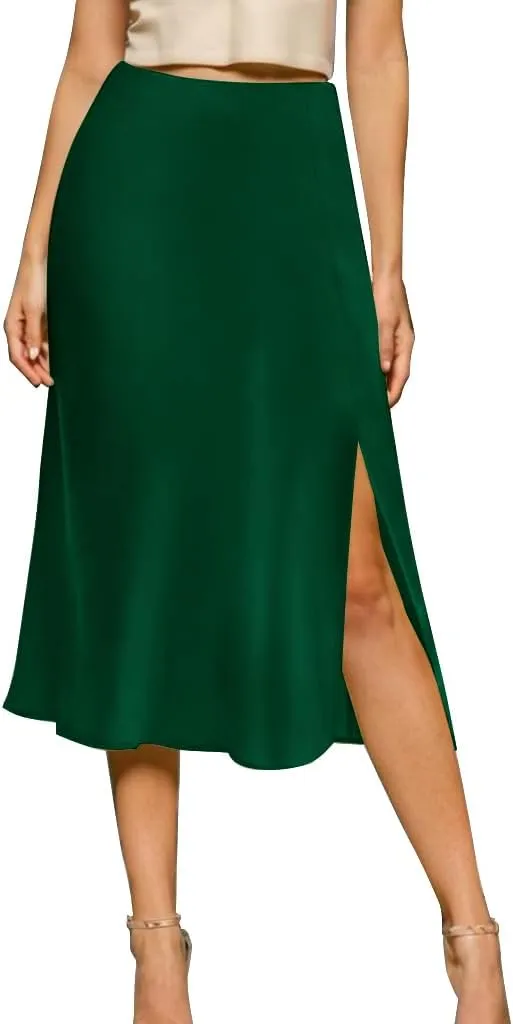 Women's High Waisted Casual Side Slit A Line Satin Midi Skirt