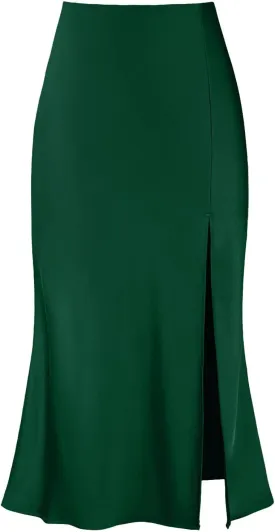 Women's High Waisted Casual Side Slit A Line Satin Midi Skirt