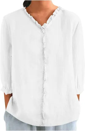 Women's Linen Cotton Collared Tops 3/4 Sleeve Flowy Lightweight T-Shirts Cozy Summer Cooling Basic Crewneck Tee Blouses