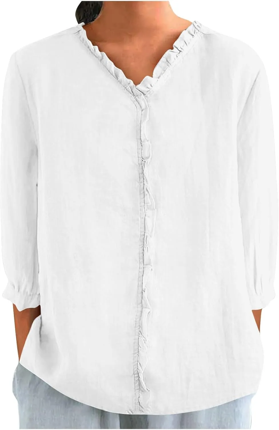 Women's Linen Cotton Collared Tops 3/4 Sleeve Flowy Lightweight T-Shirts Cozy Summer Cooling Basic Crewneck Tee Blouses