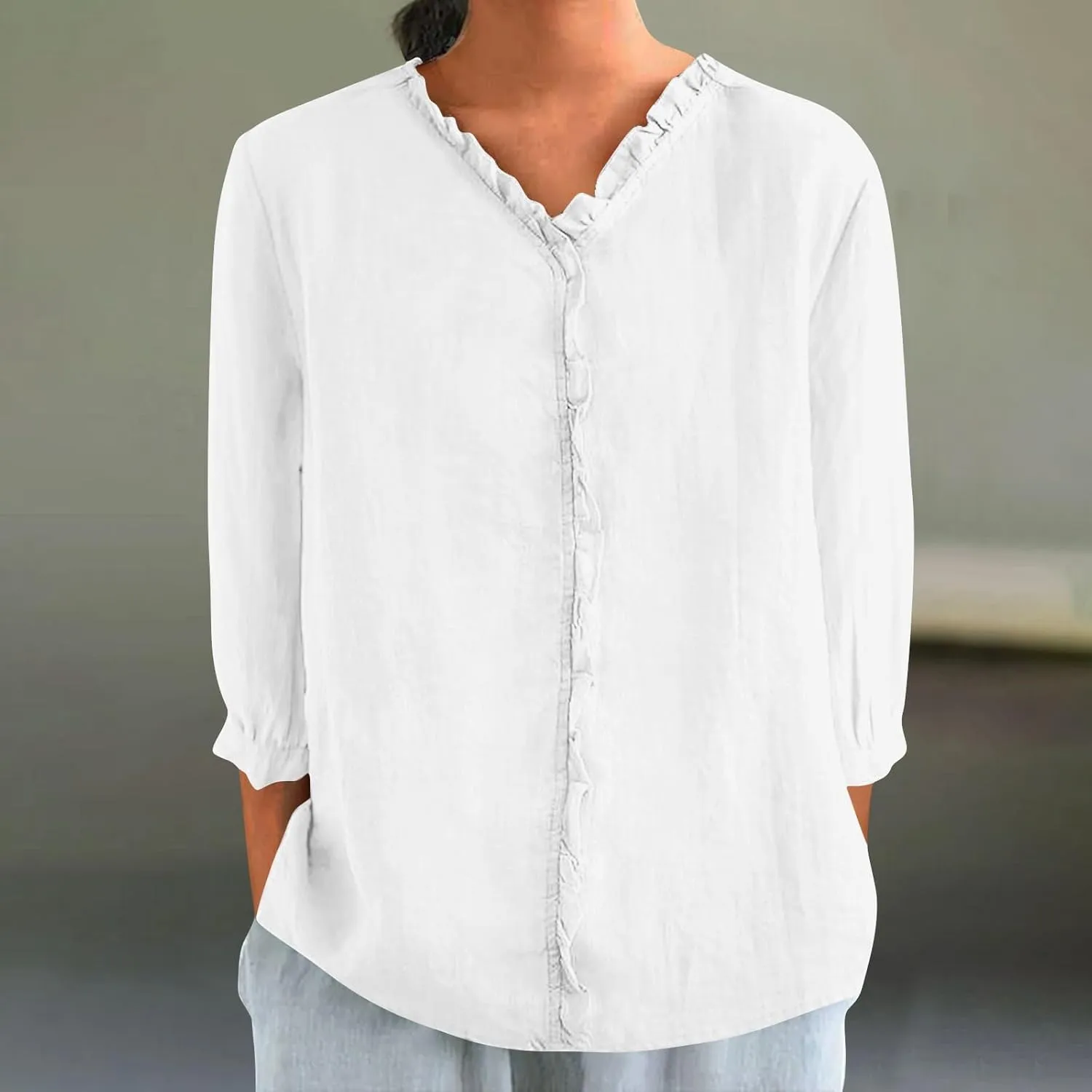 Women's Linen Cotton Collared Tops 3/4 Sleeve Flowy Lightweight T-Shirts Cozy Summer Cooling Basic Crewneck Tee Blouses