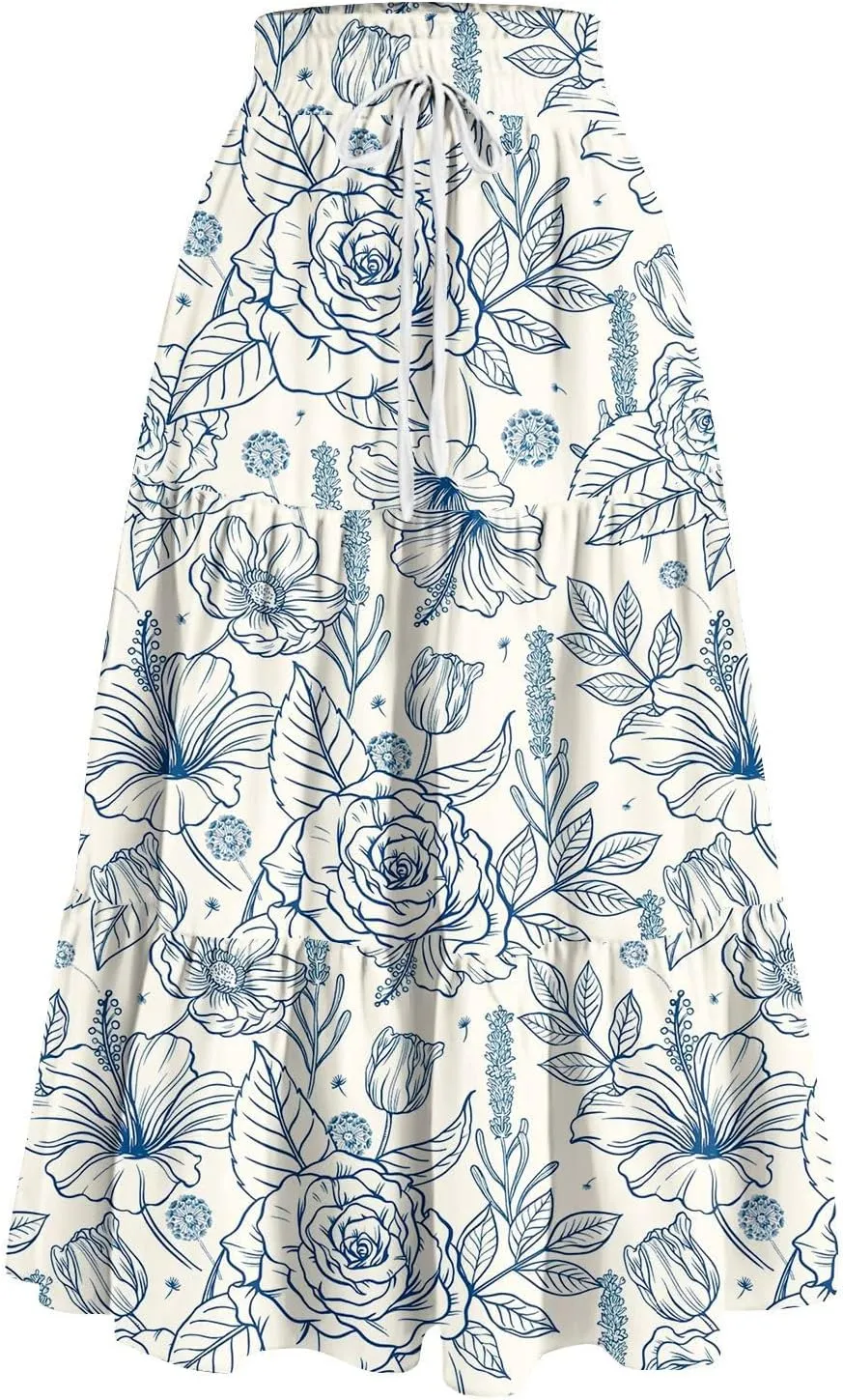 Women's Pleated Skirt Summer Casual Loose Trendy Elastic Waist Floral Print Bohemian Sun A-Line Maxi Skirts 2025, S-2XL