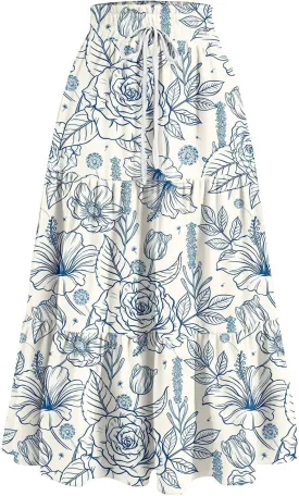 Women's Pleated Skirt Summer Casual Loose Trendy Elastic Waist Floral Print Bohemian Sun A-Line Maxi Skirts 2025, S-2XL