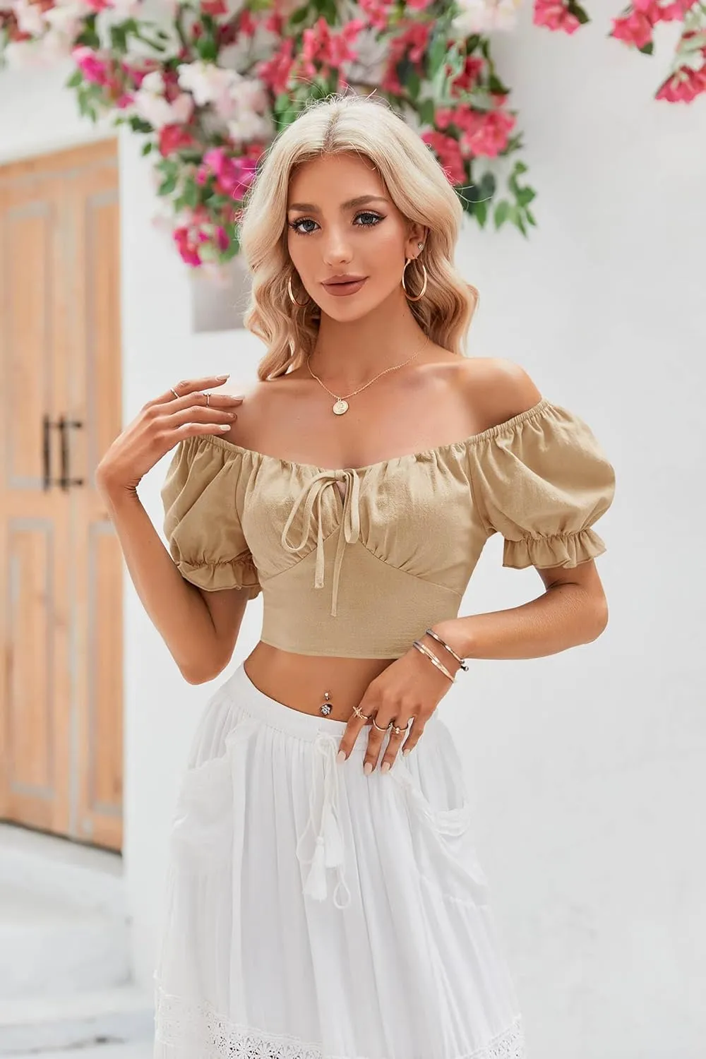Womens Puff Short Sleeve Crop Tops Square Neck Ruched Front Bow Tie Shirts Cute Summer Vocation Beach Blouse