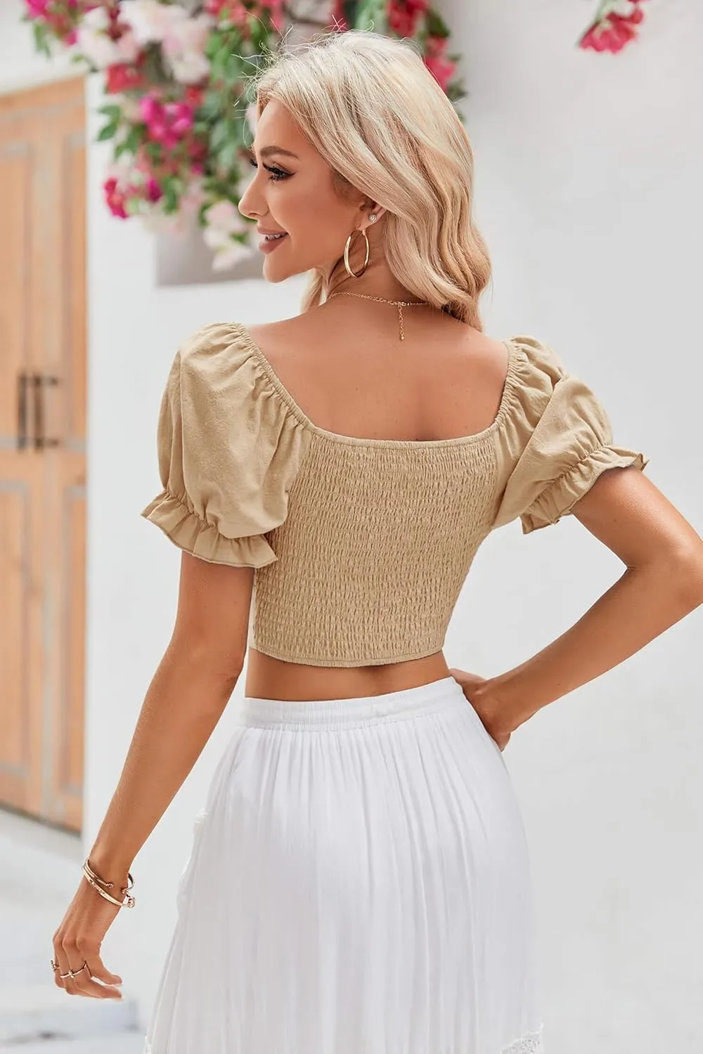 Womens Puff Short Sleeve Crop Tops Square Neck Ruched Front Bow Tie Shirts Cute Summer Vocation Beach Blouse