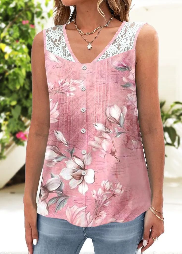 Womens Tank Tops Dressy Casual Summer Lace Sleeveless V Neck Tee Shirts Pleated Front Button Blouses