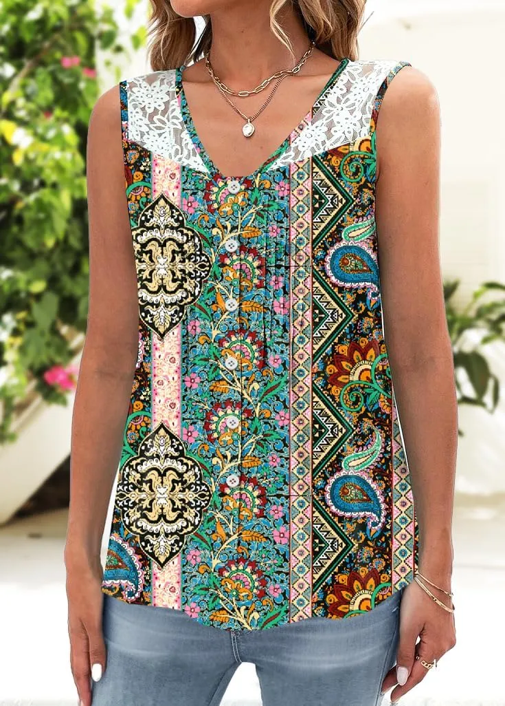 Womens Tank Tops Dressy Casual Summer Lace Sleeveless V Neck Tee Shirts Pleated Front Button Blouses