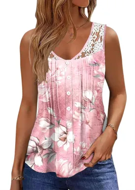 Womens Tank Tops Dressy Casual Summer Lace Sleeveless V Neck Tee Shirts Pleated Front Button Blouses