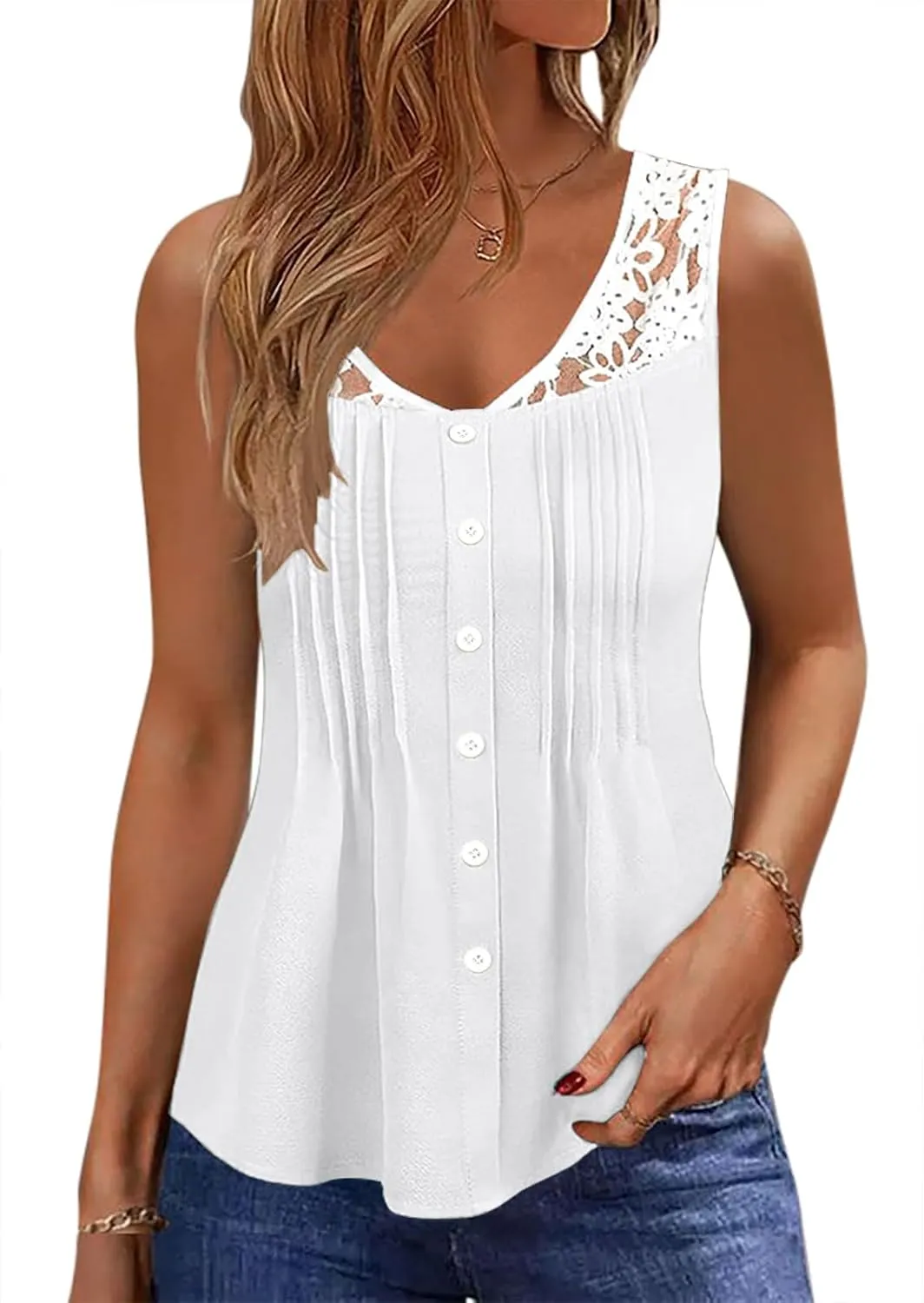 Womens Tank Tops Dressy Casual Summer Lace Sleeveless V Neck Tee Shirts Pleated Front Button Blouses